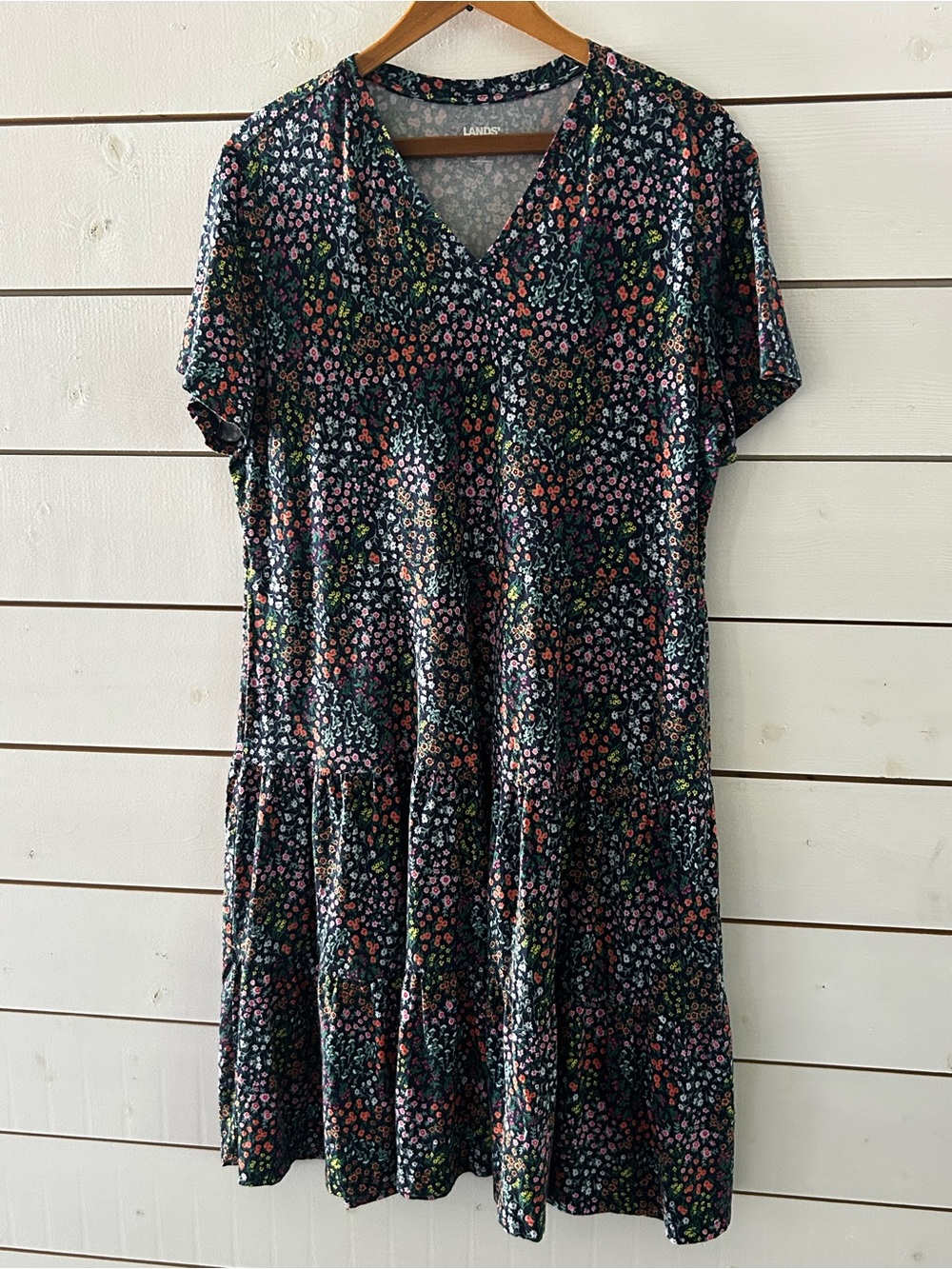 LANDS' End Multicolored Floral V-Neck Tiered Women's Dress Large